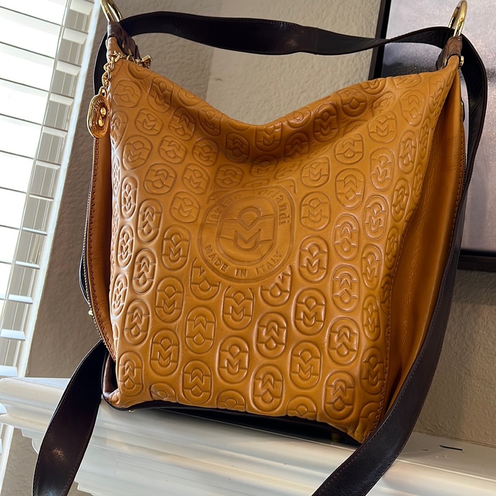 Marino Orlandi Monogram Cognac Leather Large Purse Bucket Sling Bag